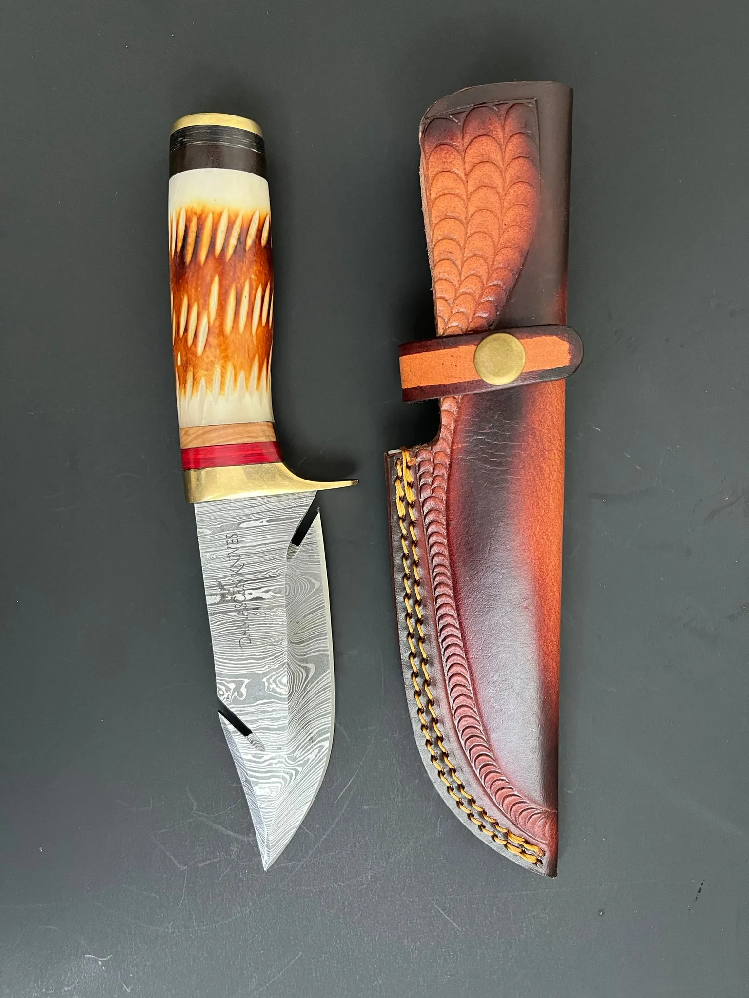 Midnight Predator - Handcrafted 10-inch Damascus Shark Hook Blade Hunting Knife with Bone Handle and Premium Cowhide Leather Sheath