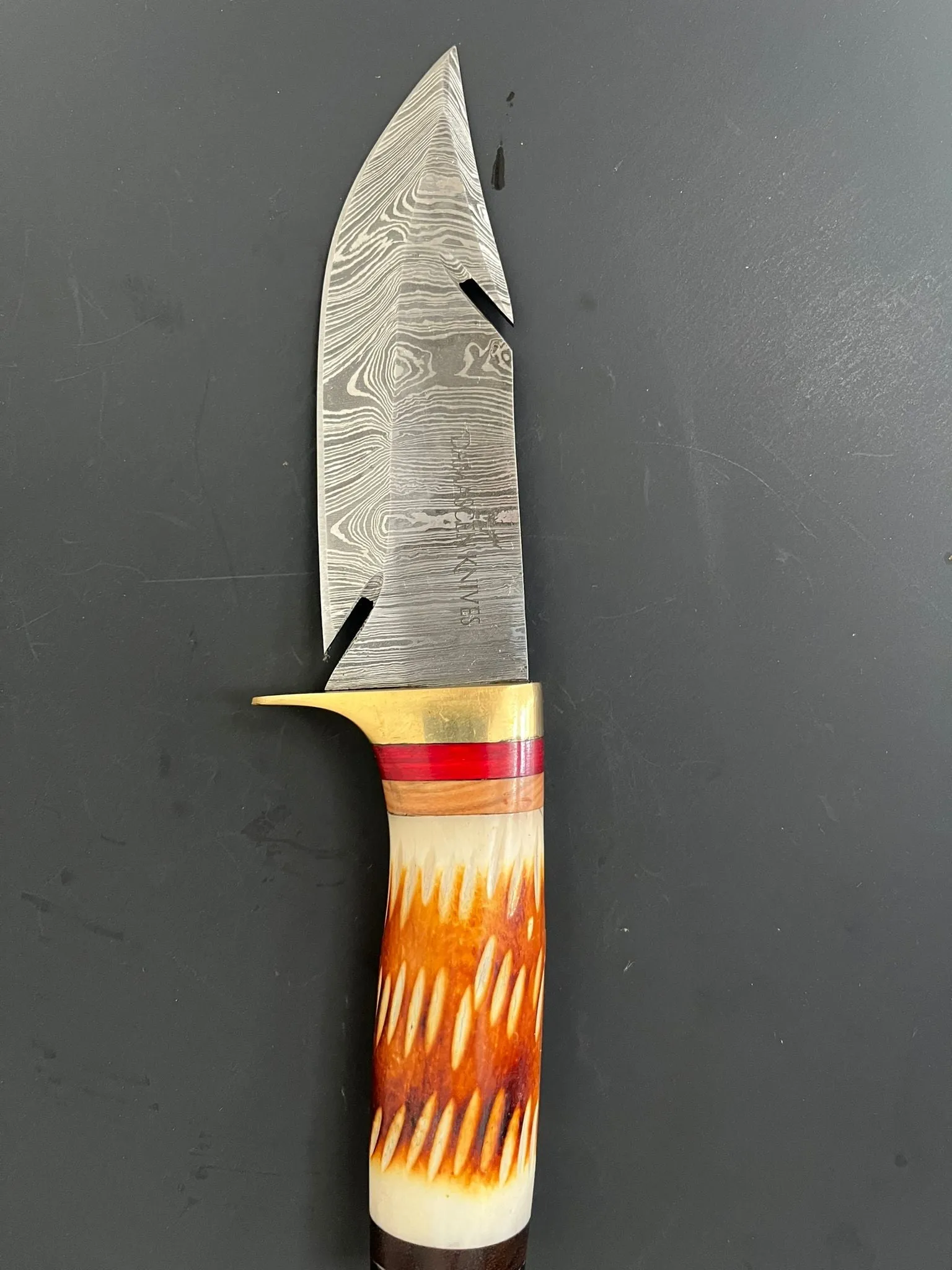 Midnight Predator - Handcrafted 10-inch Damascus Shark Hook Blade Hunting Knife with Bone Handle and Premium Cowhide Leather Sheath