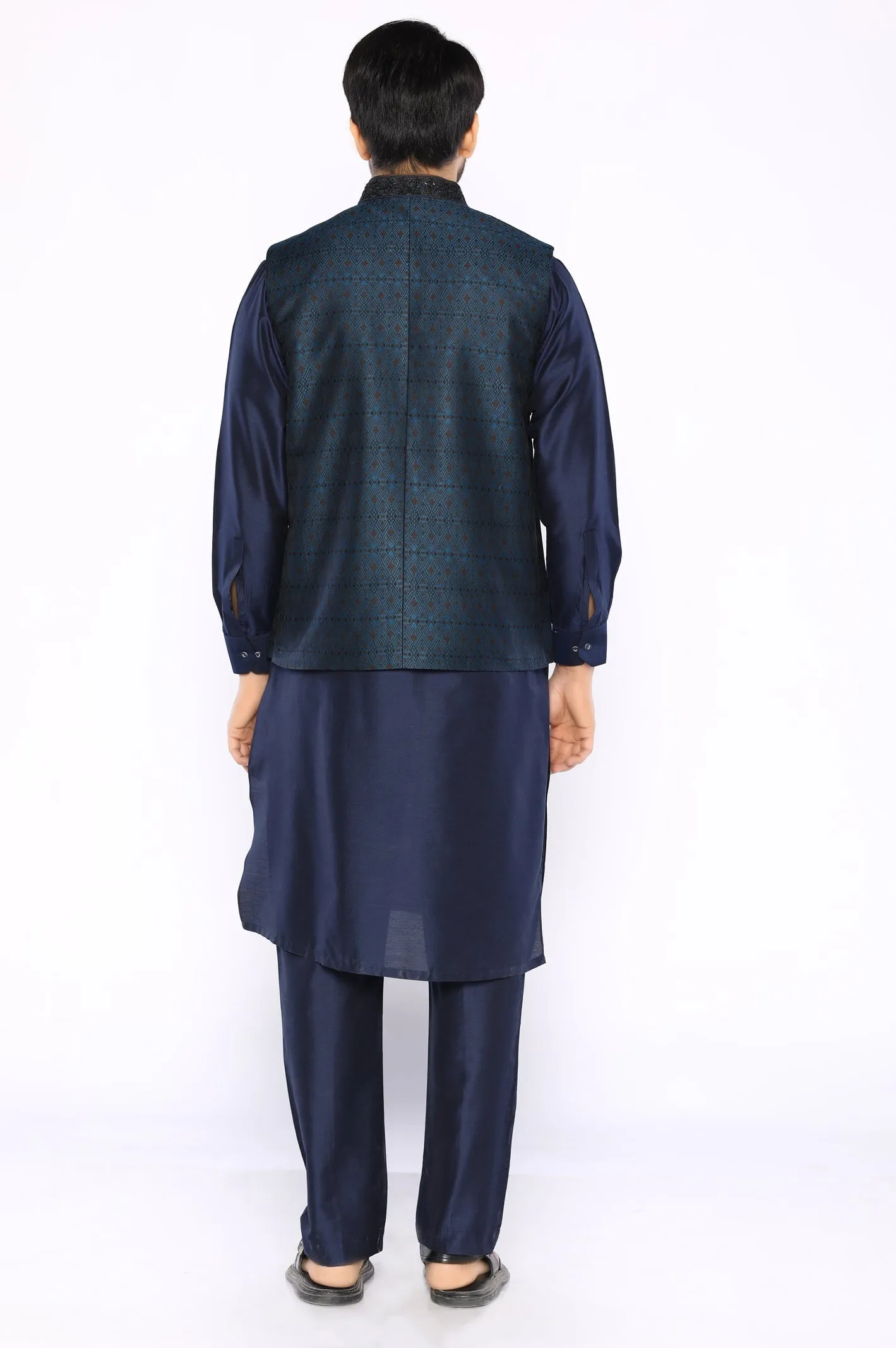 Navy Cotton Silk Shalwar Kameez with Waist Coat