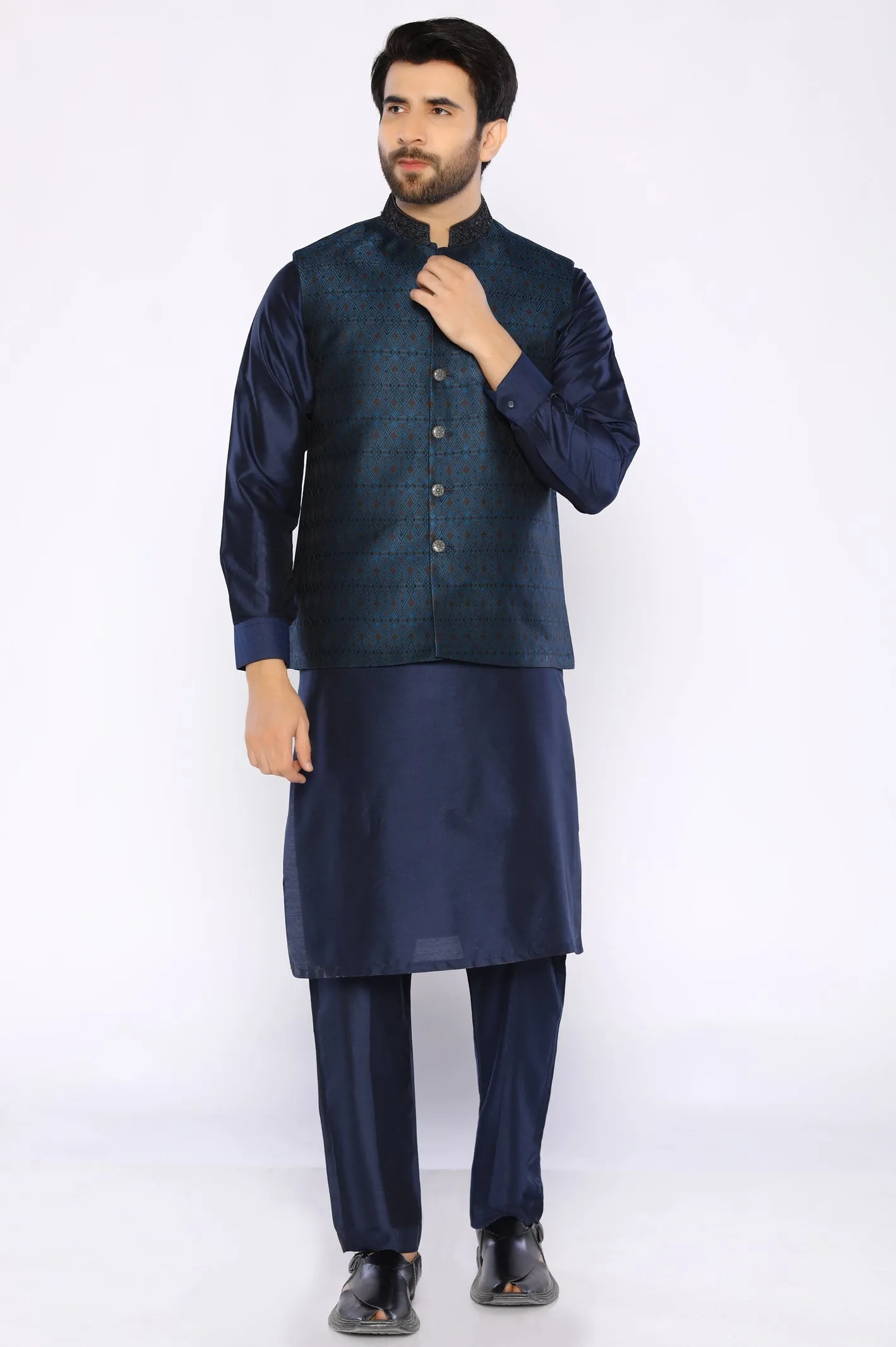Navy Cotton Silk Shalwar Kameez with Waist Coat