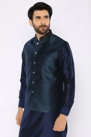 Navy Cotton Silk Shalwar Kameez with Waist Coat