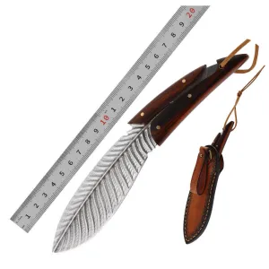 New Style Feather Blade Handmade Damascus Steel Knife For Men Hunting With Leather Sheath Damascus Straight Knife