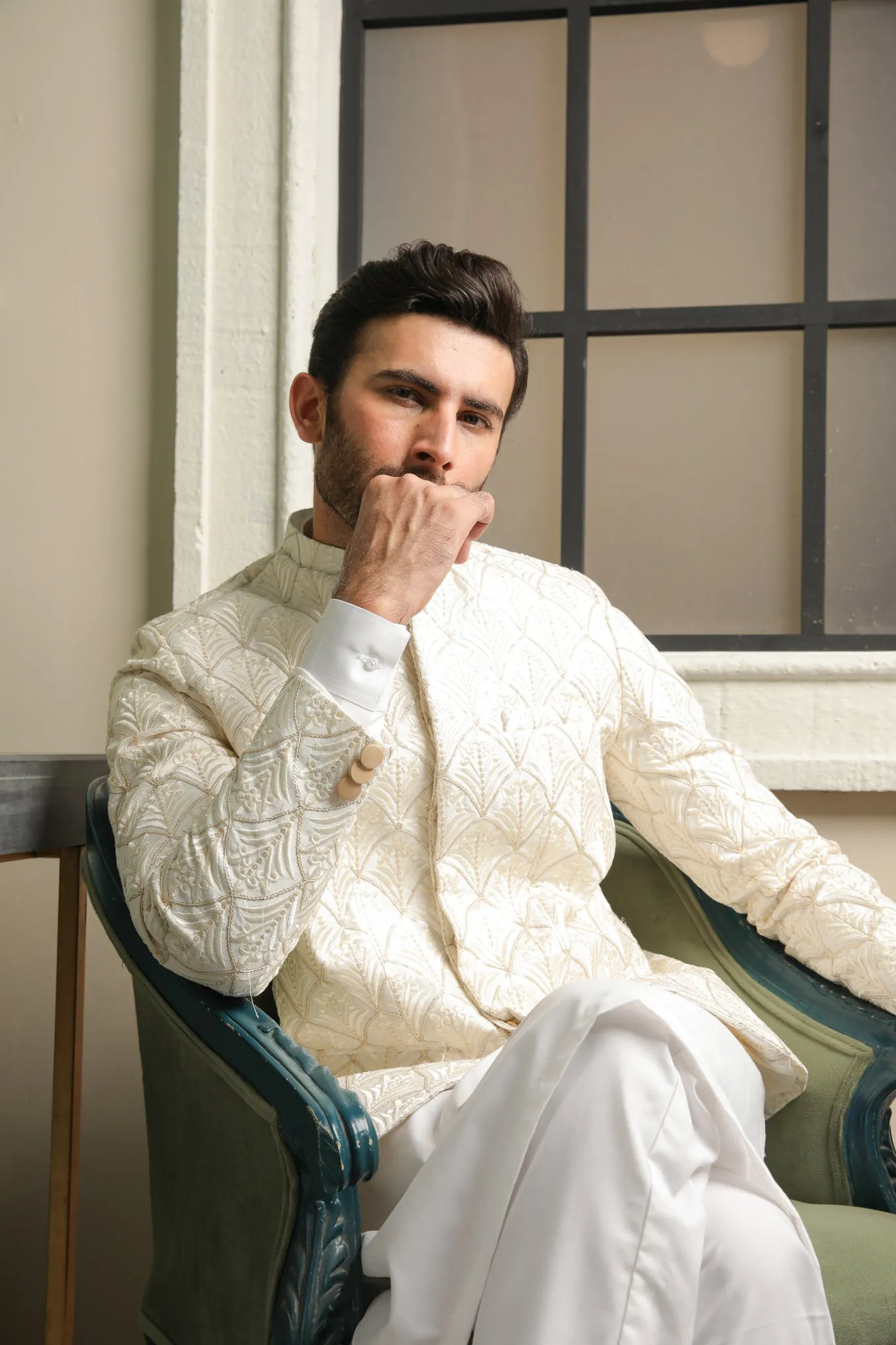 Off White Kurta Trouser with Sequin Embroidered Prince Coat - Men