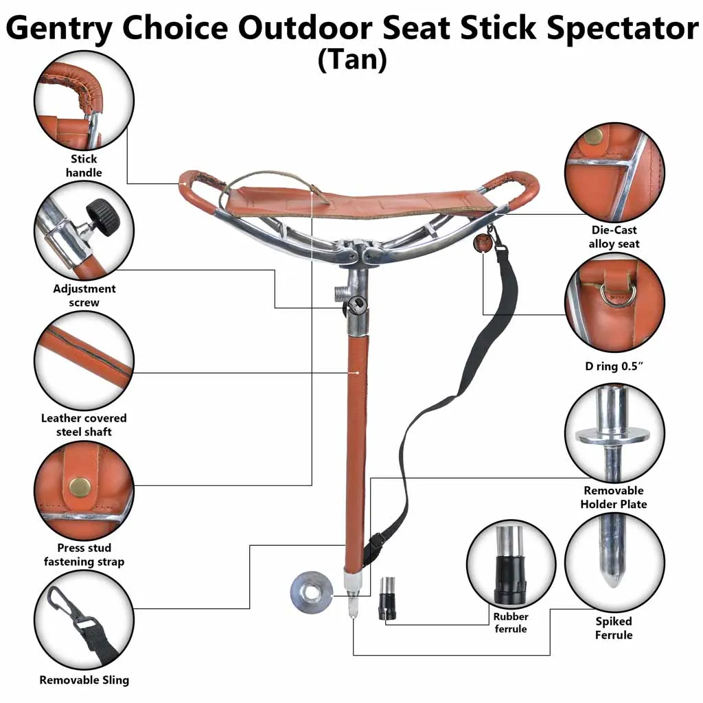 Outdoor Shooting Stick Spectator Adjustable Leather Walking Seat Tan