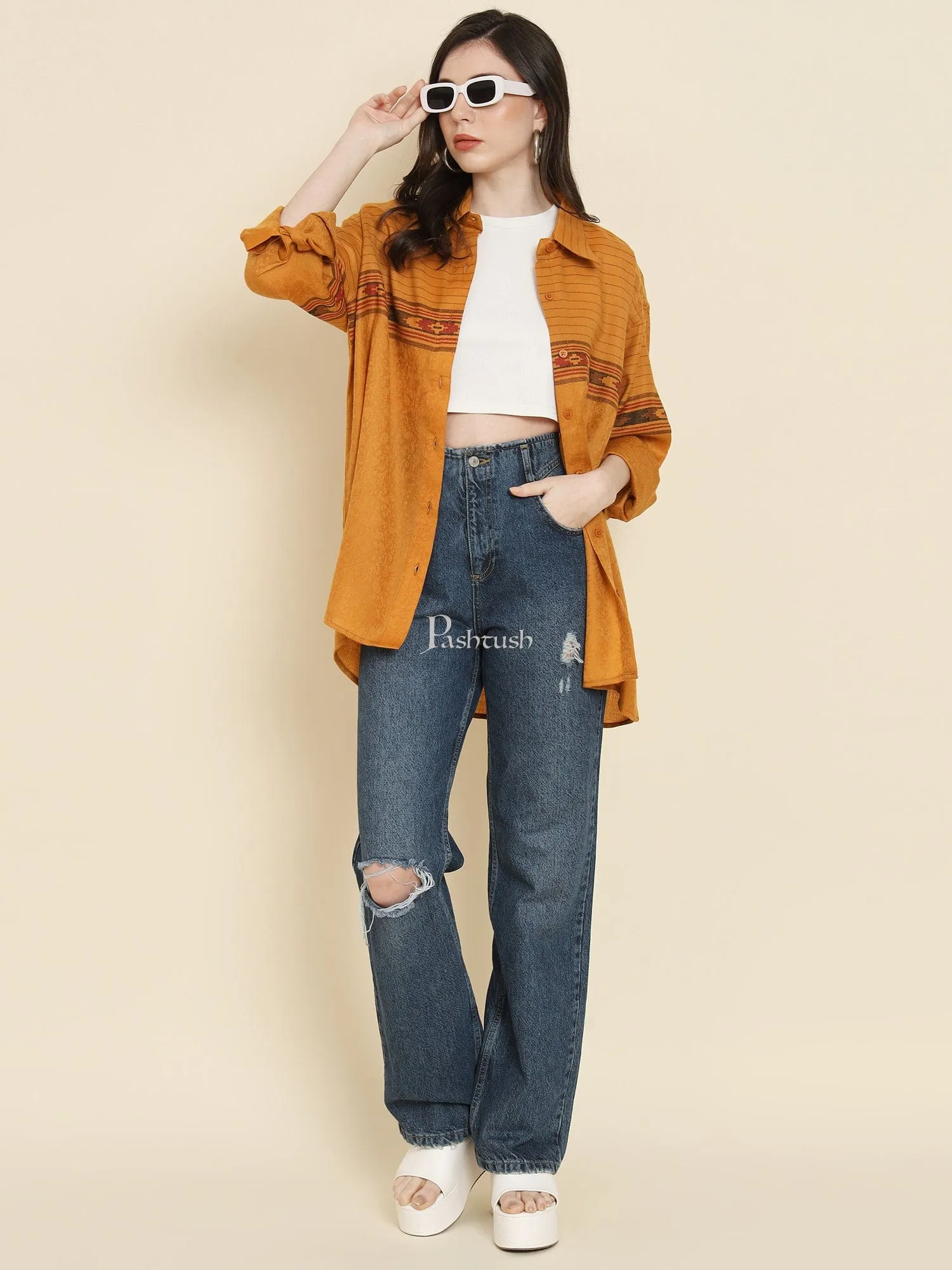 Pashtush Womens Oversized Casual Woollen Shirt, Mustard