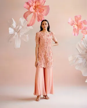Peach Daisy 3d Applique Short Kurta With Flared Sharara Pants