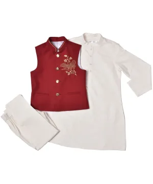 Pre-Order: White Kurta with Red Embroidered Waistcoat