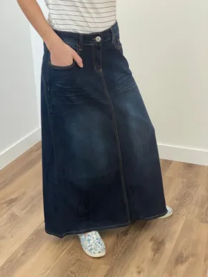 "Alexa" Dark Indigo A-Line Stretch Denim Skirt