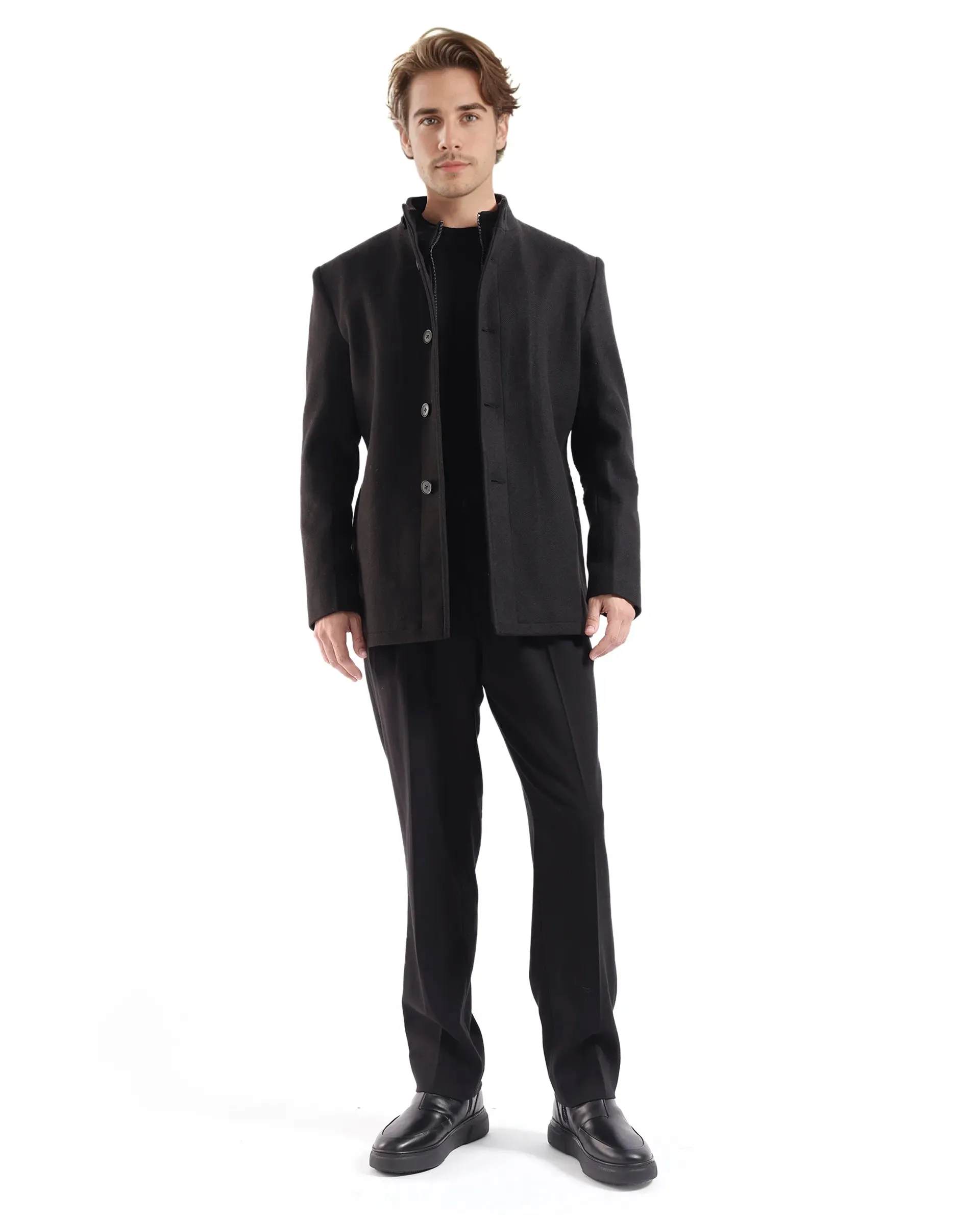 Rare Rabbit Men Fanzo Black Polyester Rayon Fabric Full Sleeve Curved Collar Plain Coat