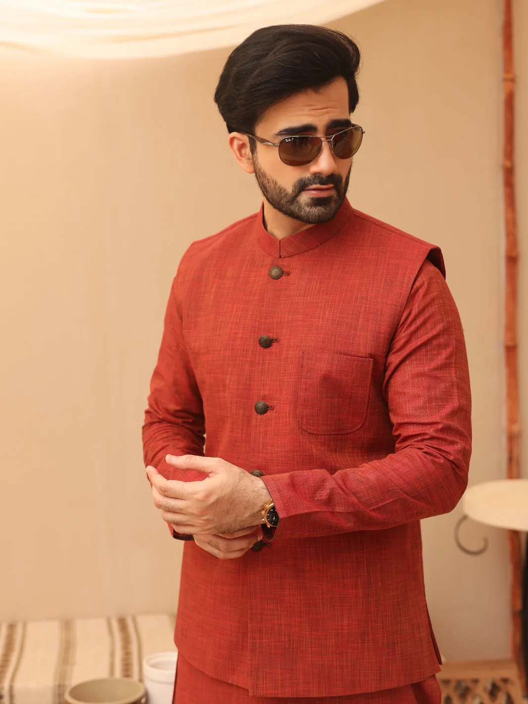 Red Waistcoat & Kurta Trouser - AL-KWT-002