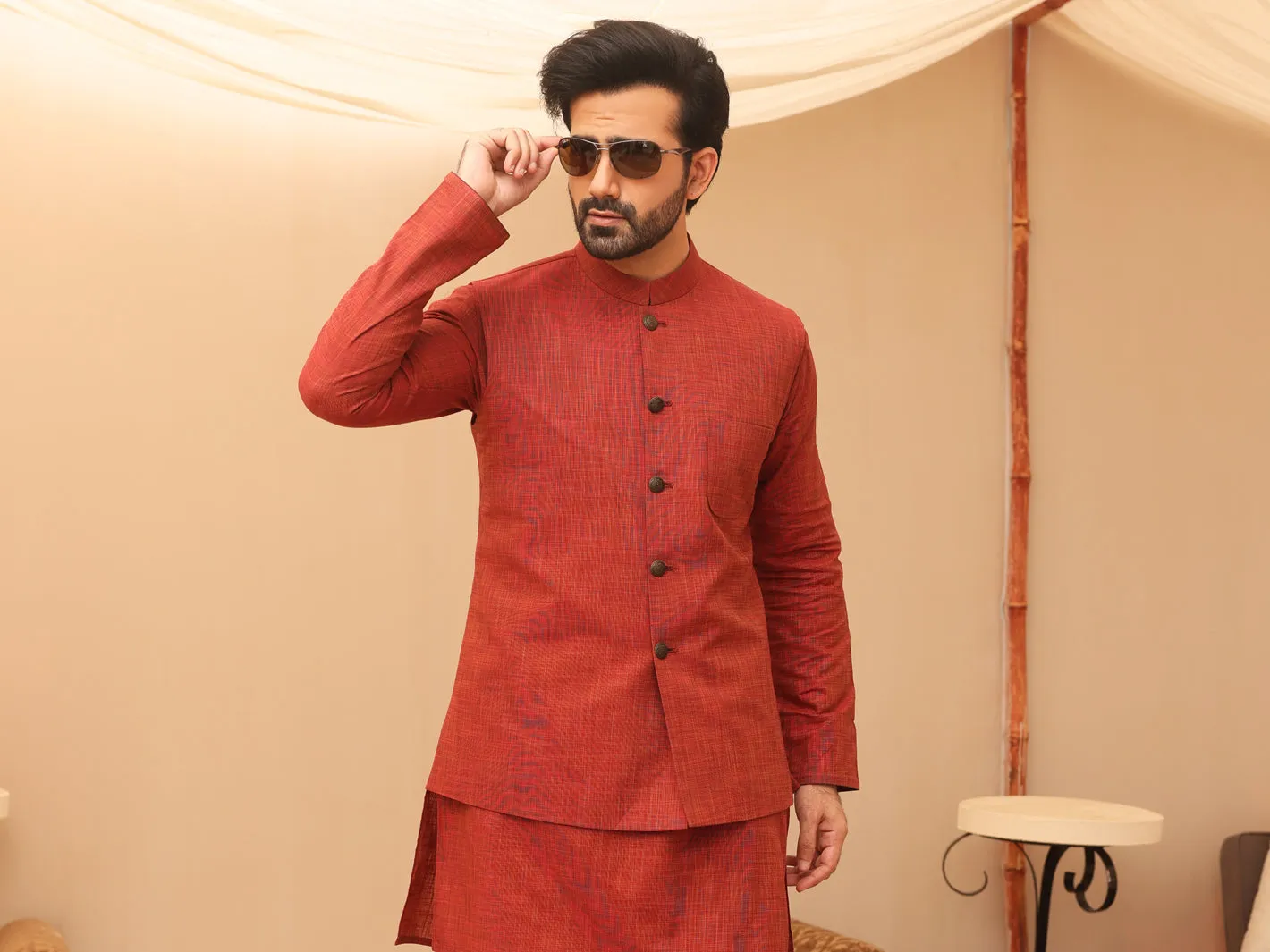 Red Waistcoat & Kurta Trouser - AL-KWT-002