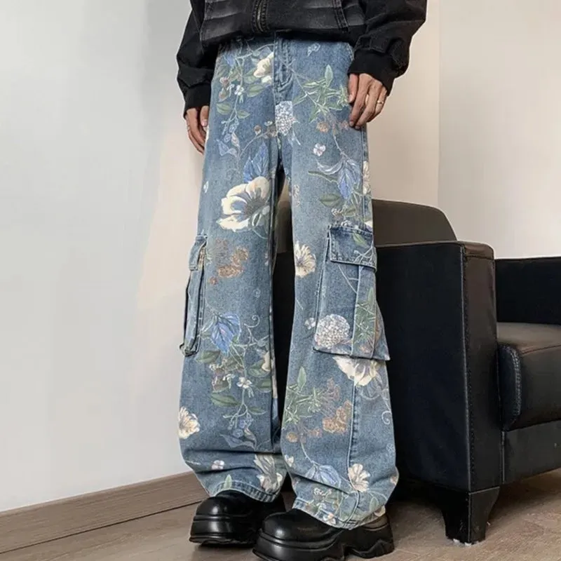 Riolio Korean Style Denim Cargo Pants Mens Fashion Floral Printed Jeans Autumn Loose Casual Trousers Hip Hop Wide-leg Jean Pants