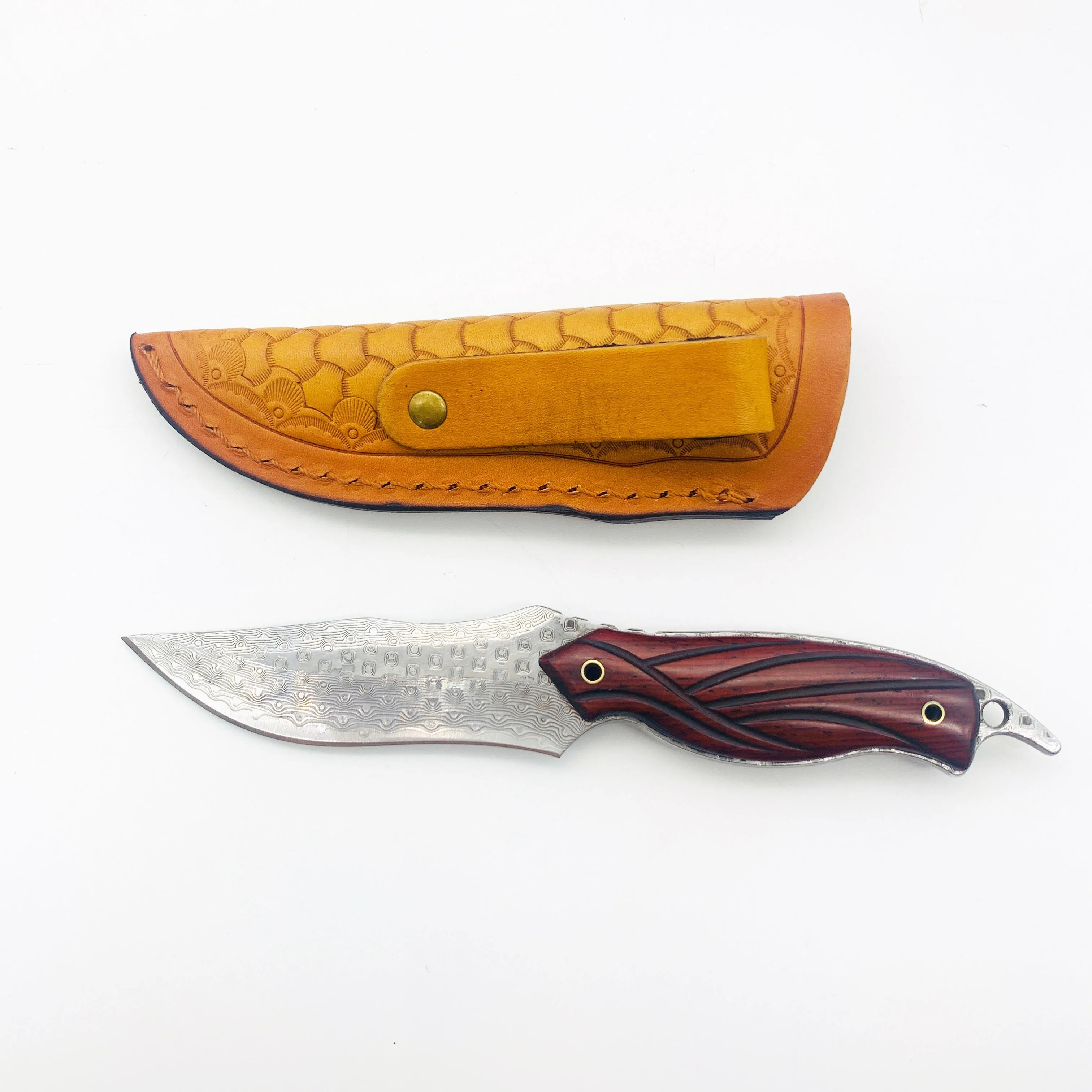 Rosewood Handle Damascus Knife With Leather Sheath For Outdoor Survival Camping Tactical Hunting Pocket Knife