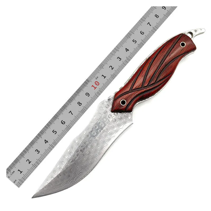Rosewood Handle Damascus Knife With Leather Sheath For Outdoor Survival Camping Tactical Hunting Pocket Knife