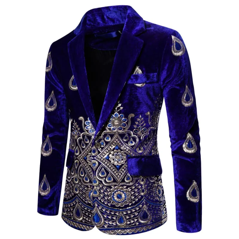 Royal Blue Ethnic Print Single-breasted Rhinestone Smart Jacket