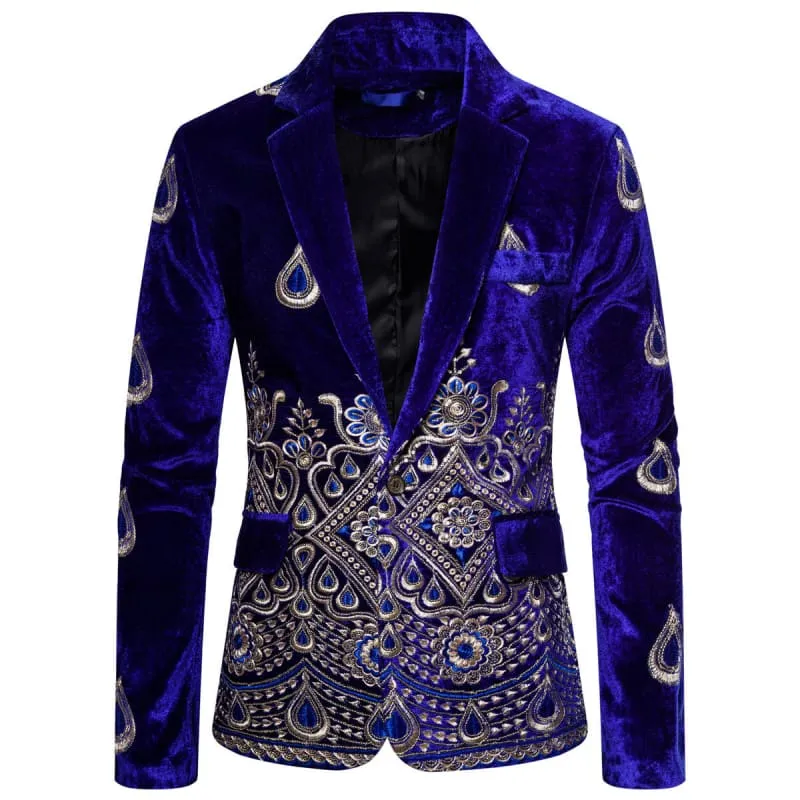 Royal Blue Ethnic Print Single-breasted Rhinestone Smart Jacket
