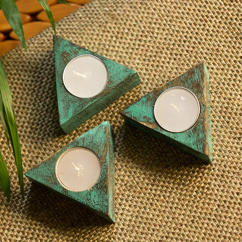 'Rustic Triangles' Antique Finish Tea Light Holders In Mango Wood (Set of 3)