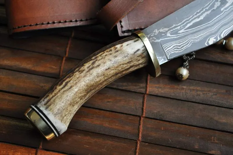 Stag Antler Handler Knife – Damascus Hunting Knife – Bushcraft Knife