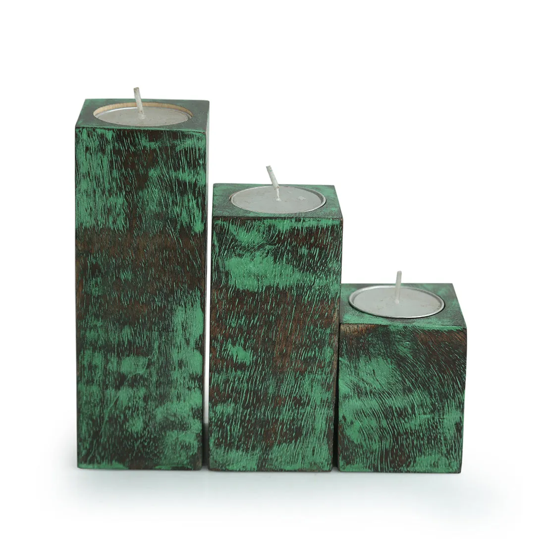 'Teal Blocks' Antique Finish Tea Light Holders In Mango Wood (Set of 3)