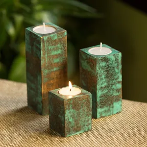 'Teal Blocks' Antique Finish Tea Light Holders In Mango Wood (Set of 3)