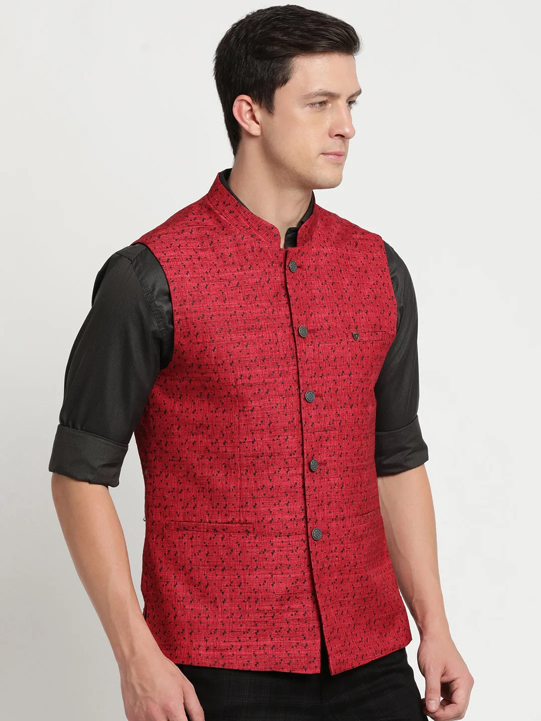 Turtle Men Maroon Self Design Nehru Jacket