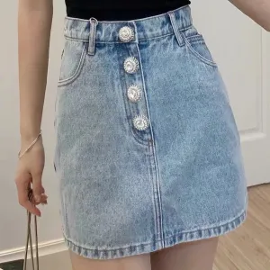 Women Rhinestone Button High Waist Denim Skirt