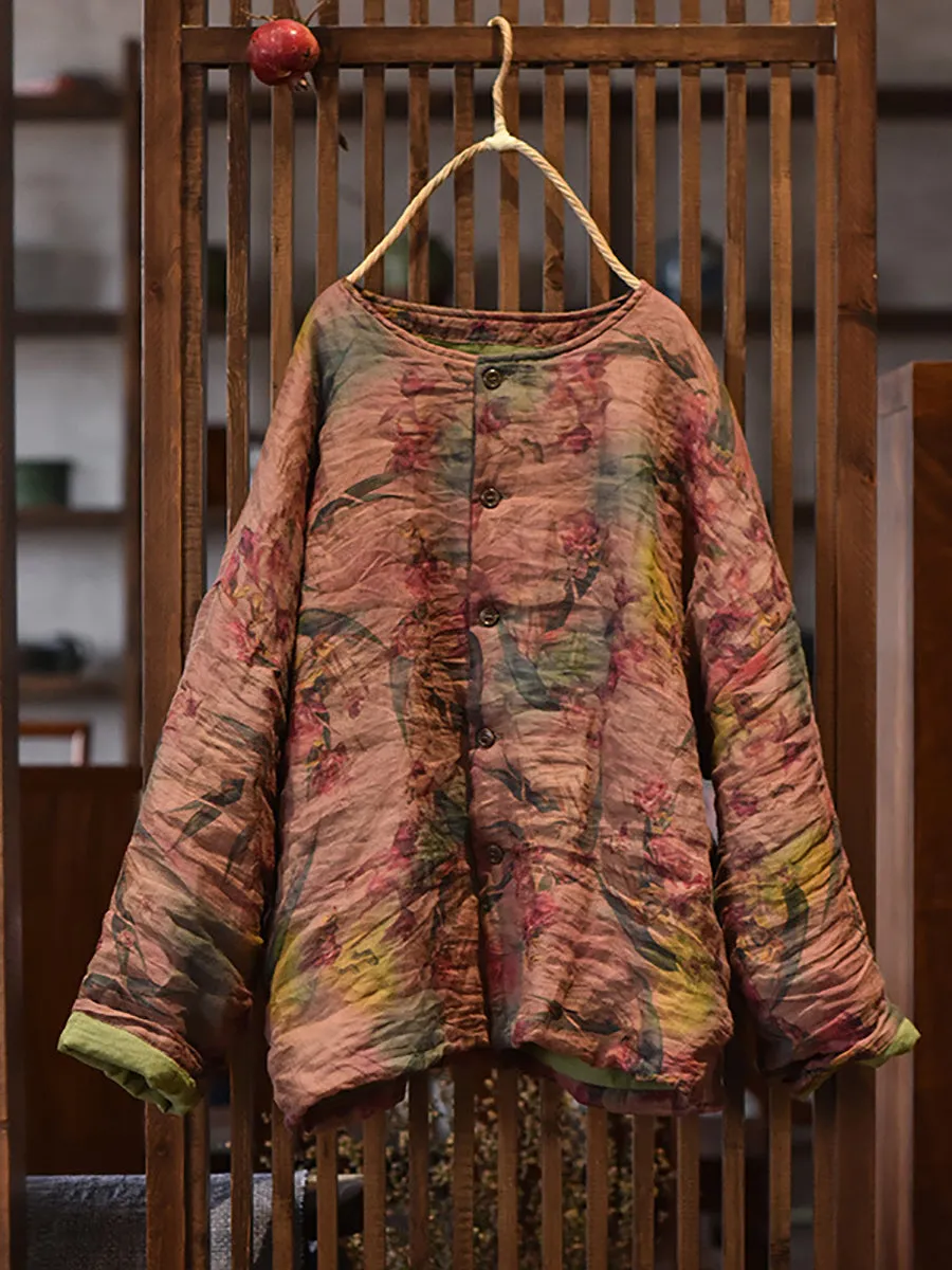 Women Vintage Winter Flower Ramie Padded Coat AX1018