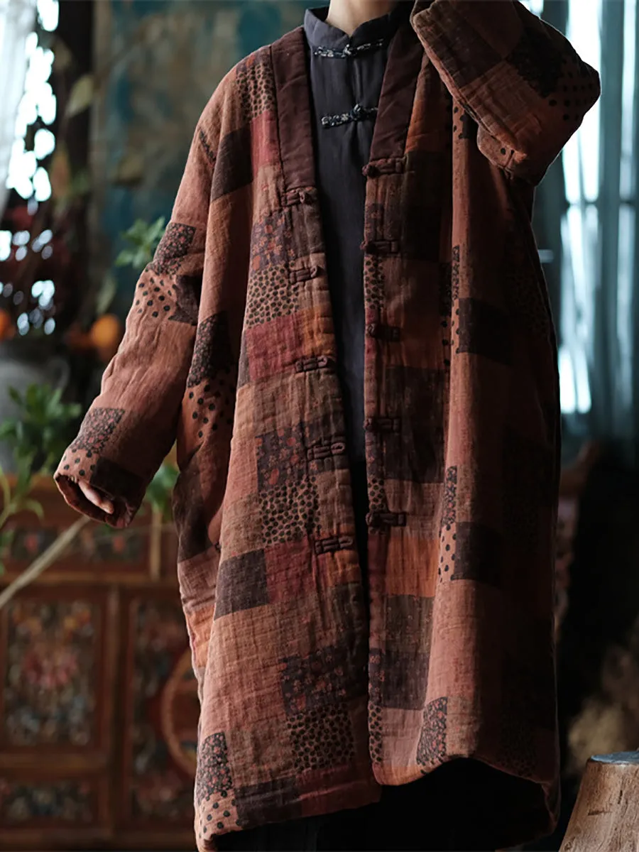 Women Winter Ethnic Floral Plaid Print 100%Cotton Coat AT1017