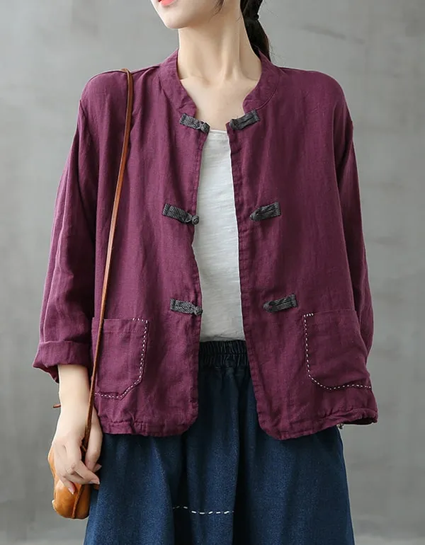 Women's Autumn Ethnic Buckle Linen Short Coat