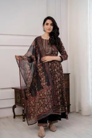 Women's  Black Nyara Cut A-line Kurta, Pant & Dupatta With Fancy Potli Set